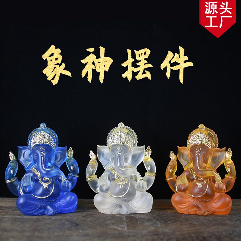 象神摆件树脂佛像水琉璃印度象头神东南亚象鼻神贴标复古
