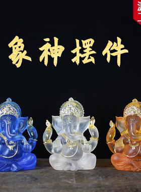 象神摆件树脂佛像水琉璃印度象头神东南亚象鼻神贴标复古