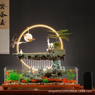 BNY中式循环陶瓷造流水景小型玻观鱼缸办公室桌面摆乔件璃迁开业