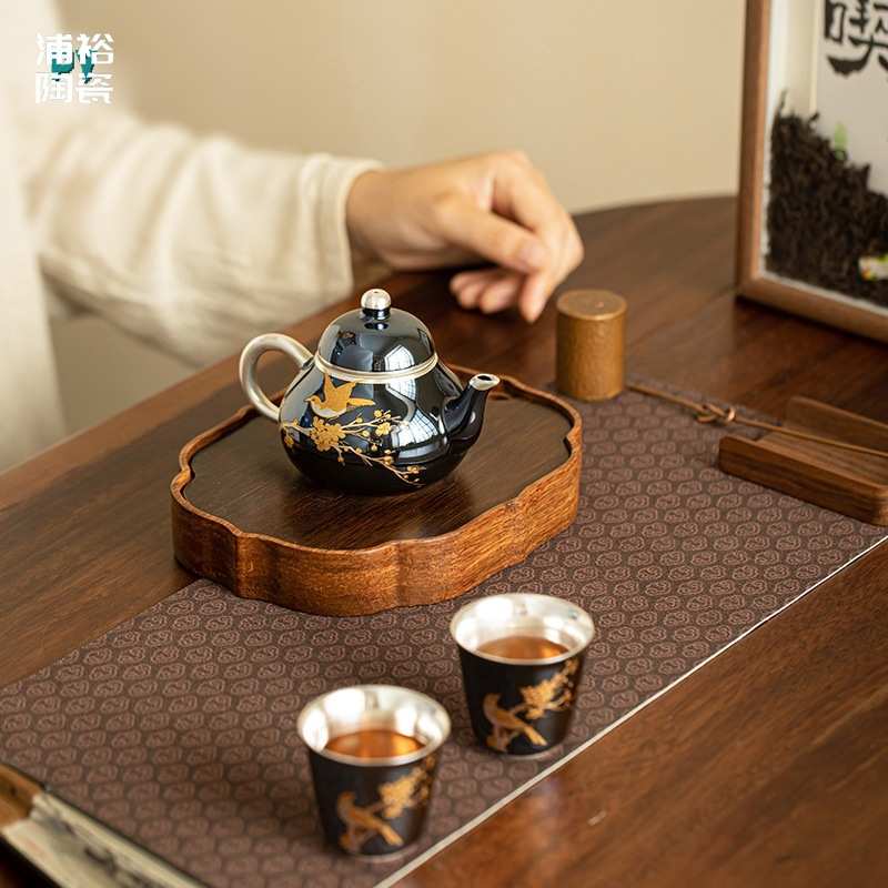 郑文强大师纯手工梨型壶中式功夫茶具茶壶鎏金银珍珠釉泡茶壶套装