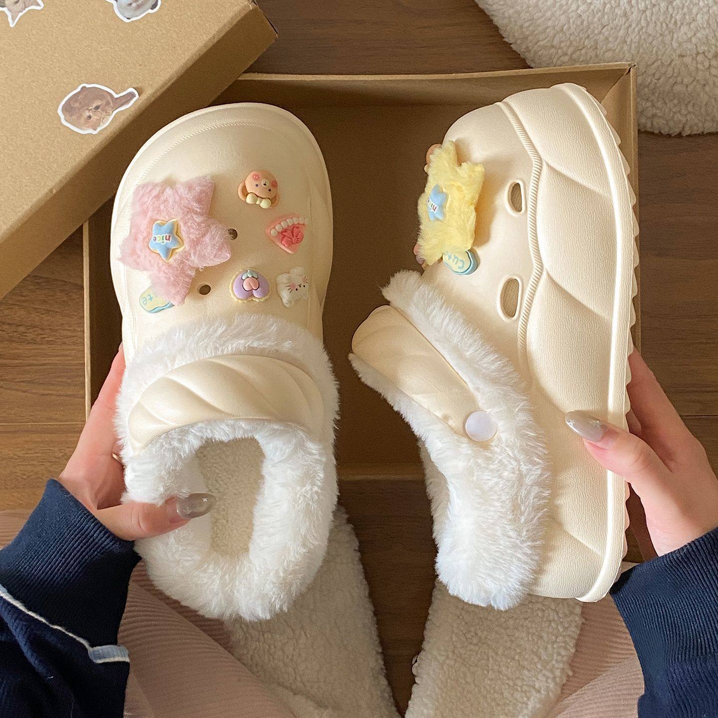 拆卸棉洞洞鞋甜美百搭秋冬外穿加绒EVA厚底增高毛毛保暖棉拖女,居家布艺,居家棉拖/棉鞋,淘宝优惠券,粉丝福利购,淘宝优惠卷