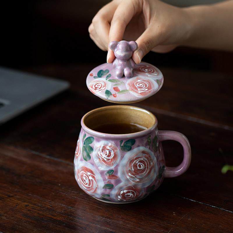 景德镇陶瓷杯美陶手绘玫瑰马克杯手工大肚茶杯釉下彩带把带盖水杯