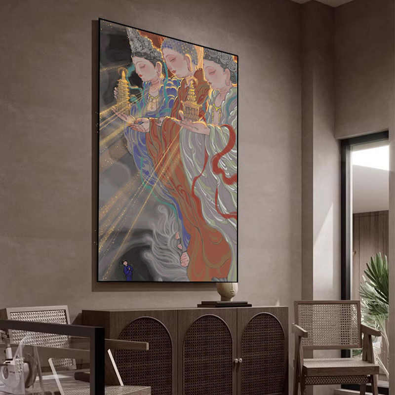 新中式敦煌九色鹿壁画玄关福鹿轻奢复古挂画民宿酒店客厅装饰画图片
