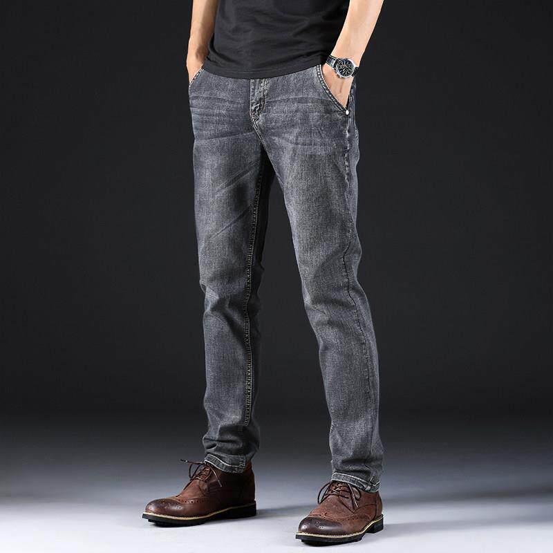 男士烟灰色水洗牛仔裤男夏季薄款潮牌修身弹力宽松直筒裤休闲 百