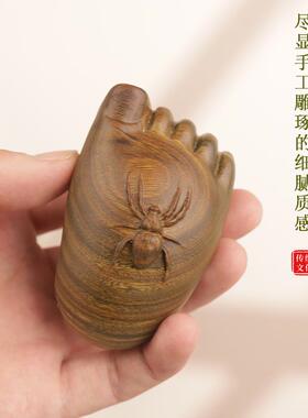 天然绿檀木雕知足常乐创意文玩手把件桌面工艺品摆件实木无漆家用