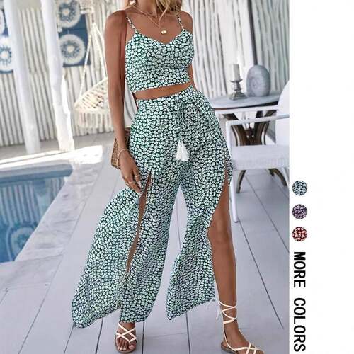 Twopiece Set Womens Ditsy Floral Print Crop Cami Top Split