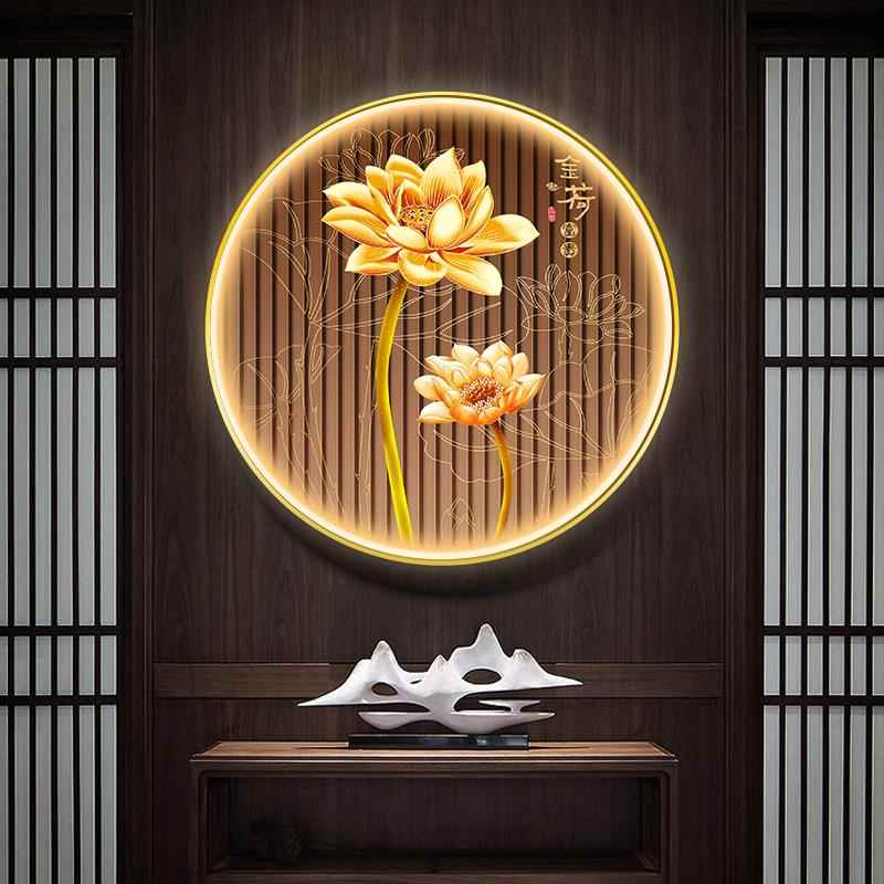 九鱼荷花新中式入户玄关装饰画走廊过道圆形挂画带led发光挂画图片