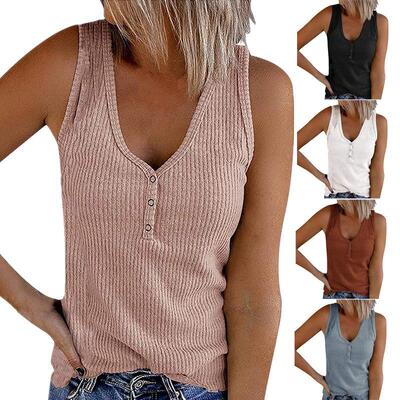 Womens V Neck Tank Tops Summer Ribbed Sleeveless Henley
