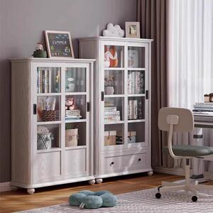 百思宜儿童书柜带玻璃门家用落地置物架客厅实木书架防尘推拉门