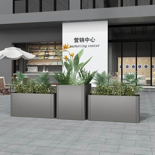 简约现代户外不锈钢花箱广场长方形隔断花槽商业园区方形铁艺花钵