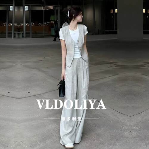 VLDOLIYA维多利亚通勤穿搭春夏高级感休闲套装女马甲阔腿裤三件套