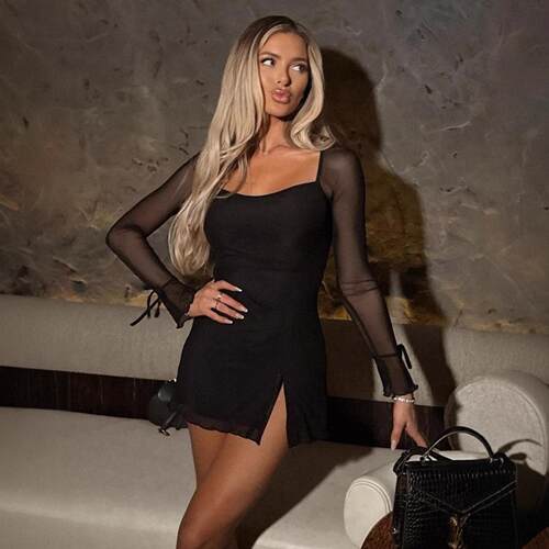 Womens Plain Sheer Bodycon Dress Elegant Long Sleeve Short