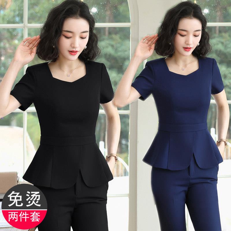 职业套装女夏天薄款时尚气质珠宝店美容师工作服短袖荷叶边OL西装图片