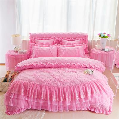 正品婚庆风大色公主床单四件套加厚夹床红裙蕾丝花边床罩被套棉4