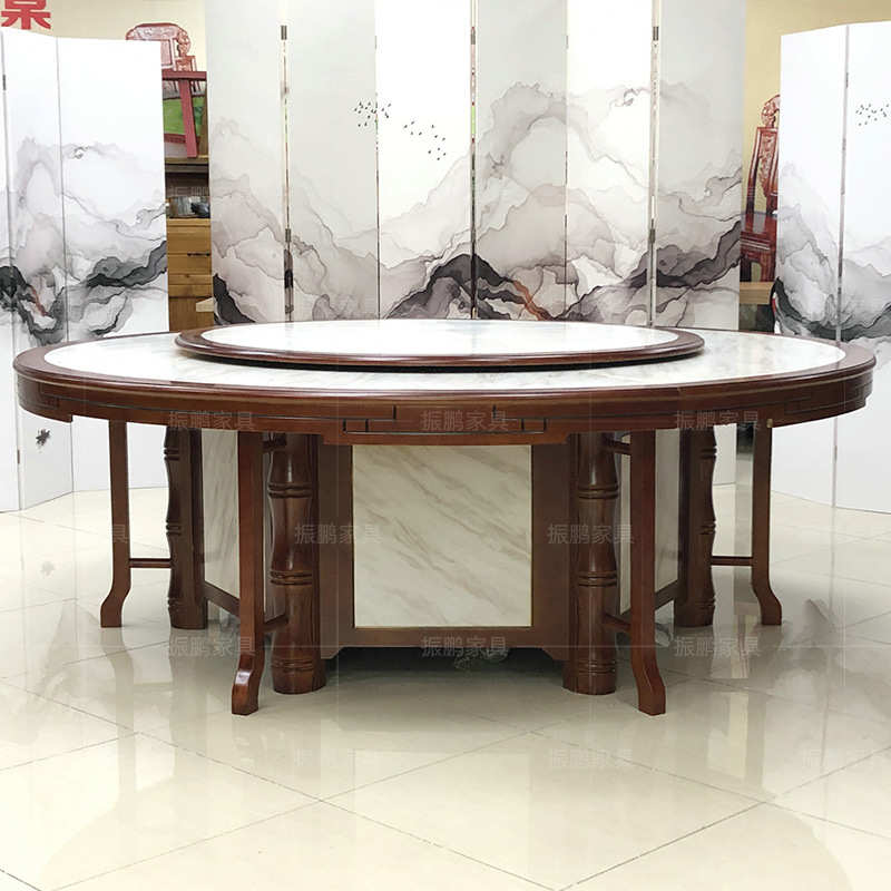 大理石电动餐桌实木电动火锅桌酒店新中式手动实木圆餐桌椅可定制