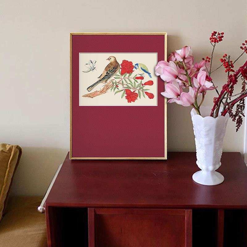 《喜鹊登枝》花鸟装饰画新中式婚房壁画餐边柜挂画油画铝合金画框