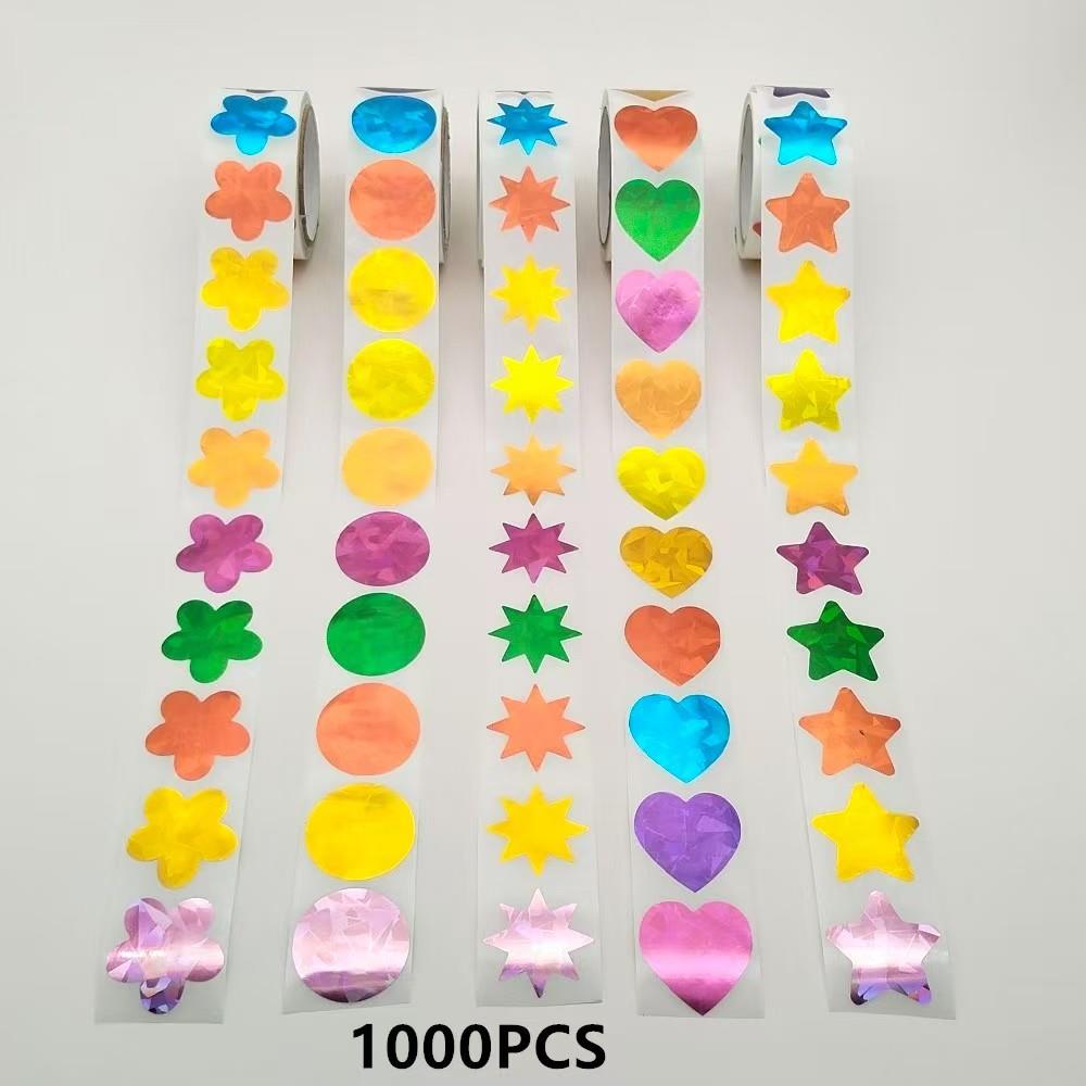 1000张1英寸全息彩色圆形爱心五角星小红花小星星贴纸奖励用品