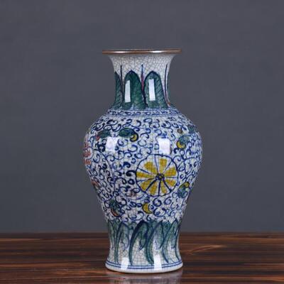 手绘青花陶瓷花瓶摆件仿古裂纹釉官窑玉壶春瓶陶瓷花瓶博古架装饰