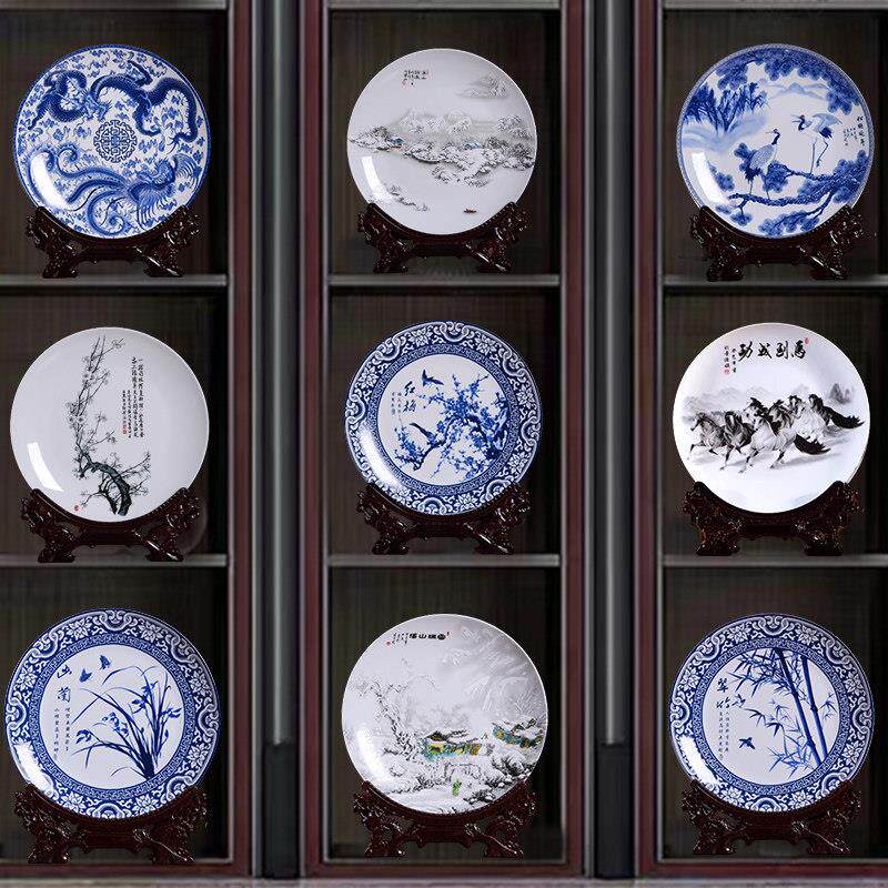 新中式陶瓷装饰摆盘 青花滕王阁10寸国风工艺品 适用玄关与办公室