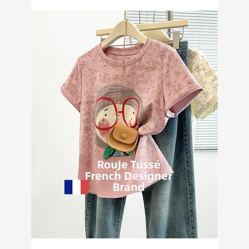 Rouje tusse大码女装卡通印花扎染正肩短袖T恤女夏季遮肚显瘦上衣