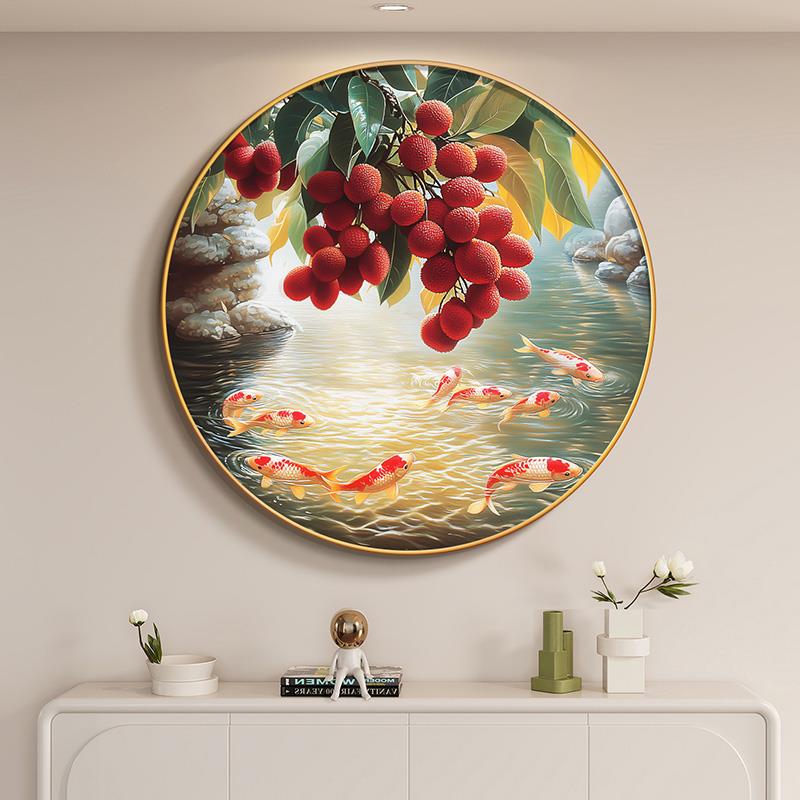 鸿运当头圆形挂画现代简约玄关装饰画客厅餐厅背景墙九鱼聚财壁画图片