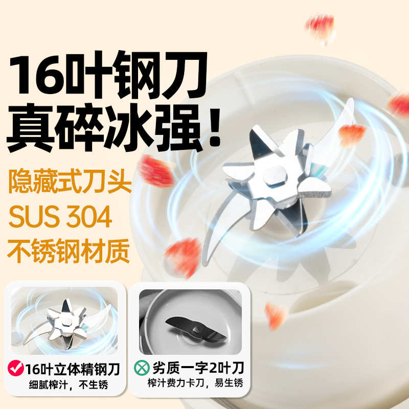 罗娅榨汁机16叶刀小型便携式榨汁杯迷你家用无线碎冰炸果汁机破壁