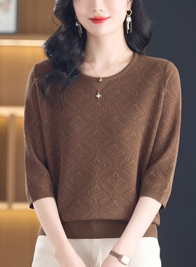 妈妈装春秋薄款七分袖圆领t恤女上衣时尚宽松大码休闲中袖打底衫
