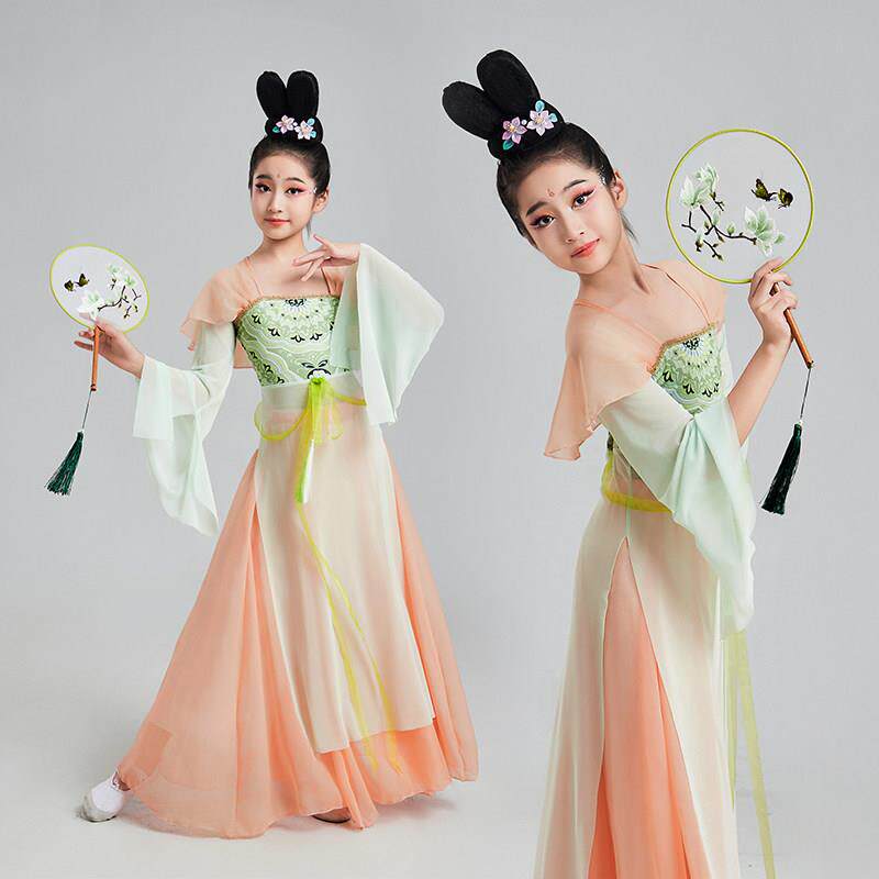 阳春三月汉唐中国风剧目表演出服儿童古典舞蹈服女飘逸纱衣练功服