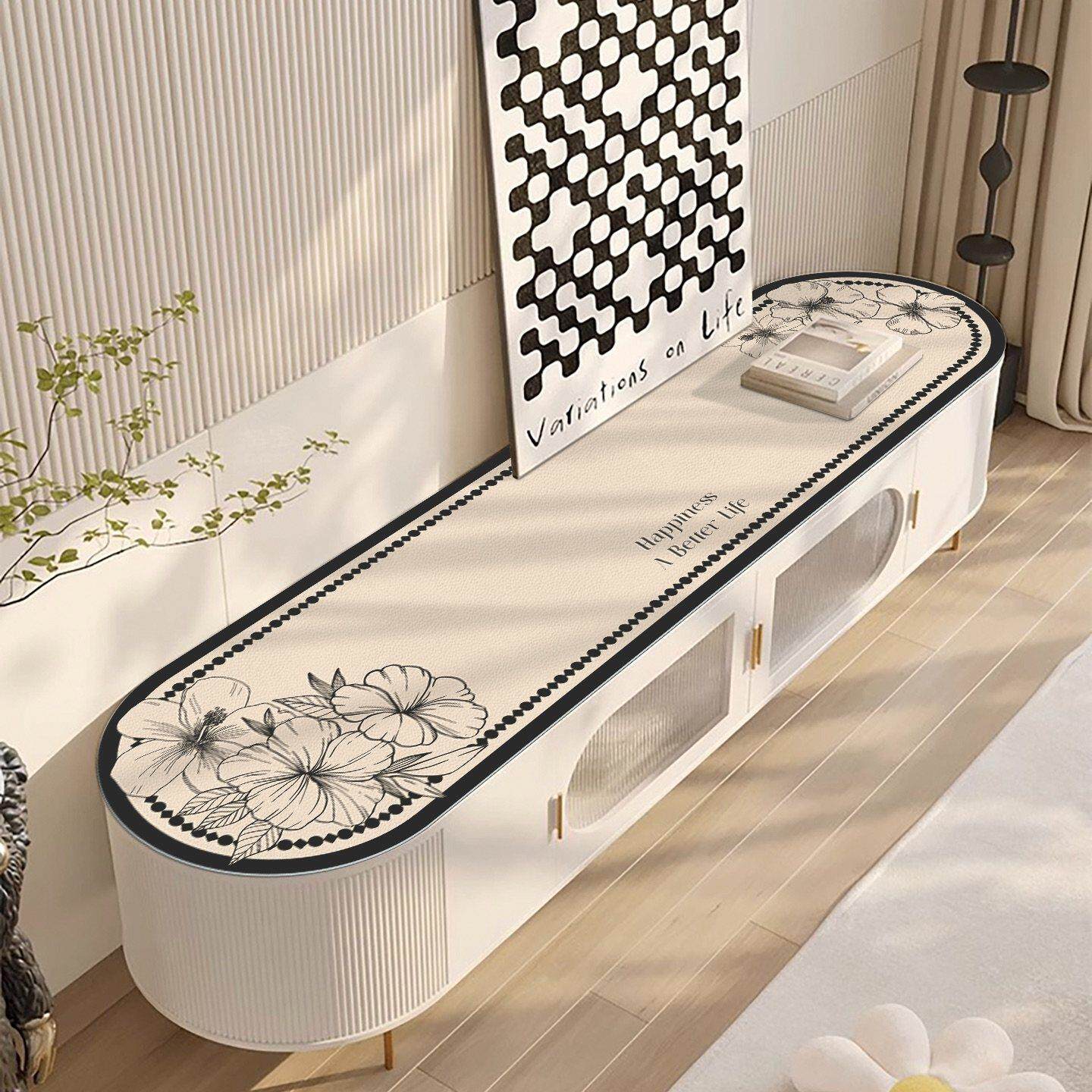 法式奶油风椭圆形电视柜桌垫圆角弧形餐柜桌布防水防油遮丑盖布