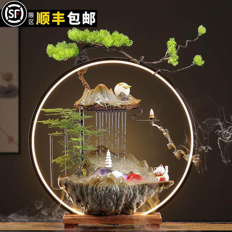 新中式流水生财摆件家居客厅循环水风水轮招财猫新家乔迁开 业礼