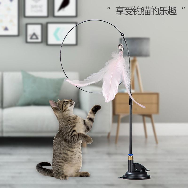 跨境升级款滴胶吸盘钢丝长杆羽毛逗猫棒猫自嗨解闷咪玩具用品