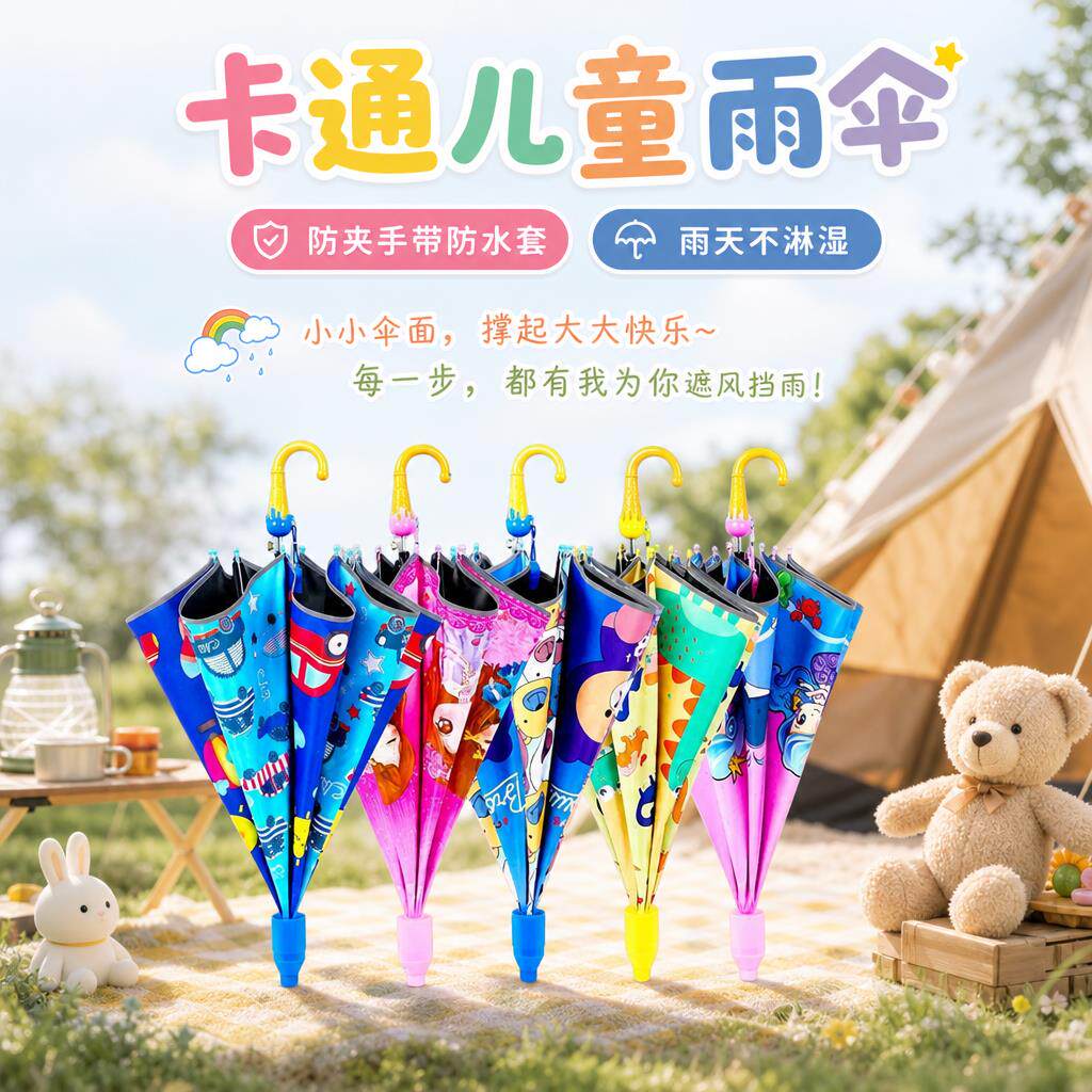 儿童雨伞创意卡通带防水套黑胶防晒防戳安全反光条晴雨两用伞遮阳