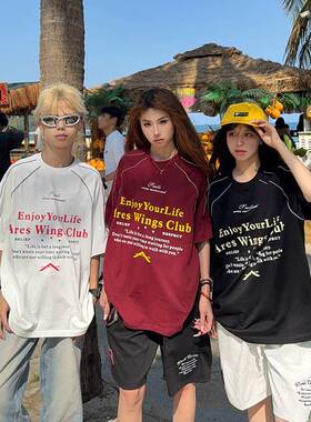 126KID 美式覆古国潮牌字母印花短袖T恤男女夏季新款情侣宽松tee