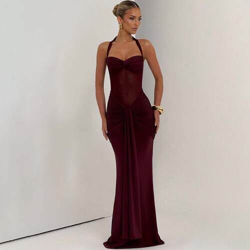 Womenswear Bodycon Mesh Sheer Tie Back Halter Neck Dress