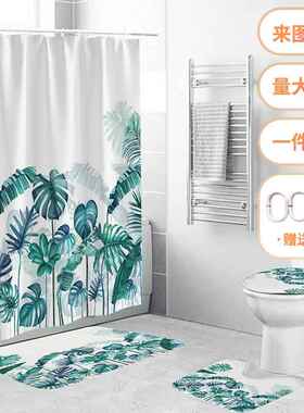 厂家直供 绿色大叶植物全涤防水浴帘 数码印花浴帘厕所隔断帘