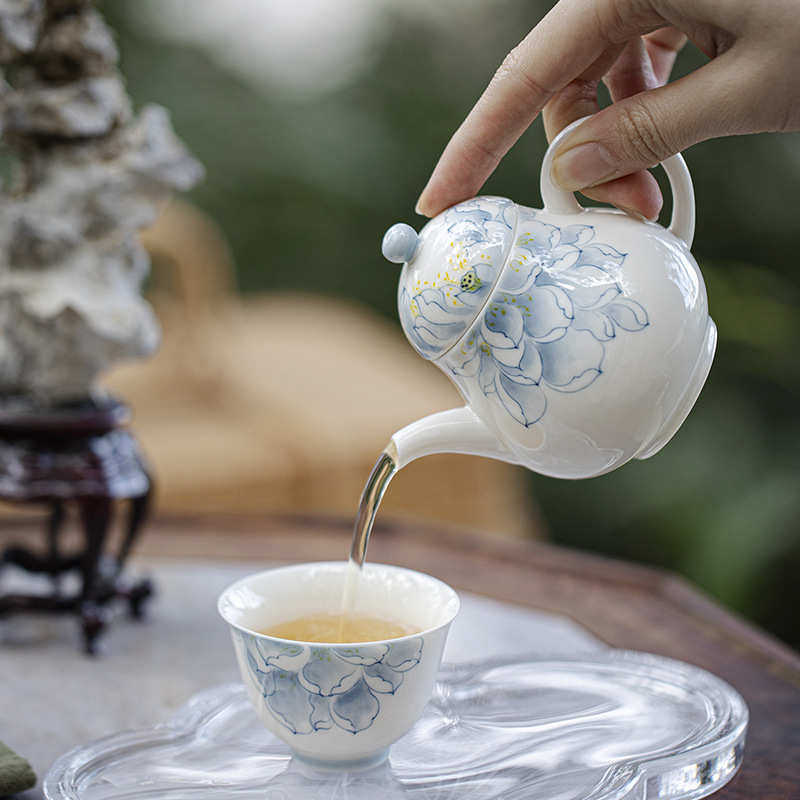 白瓷球己青花茶壶过滤泡手绘陶瓷茶壶家用莲花玉墨功夫茶具泥孔