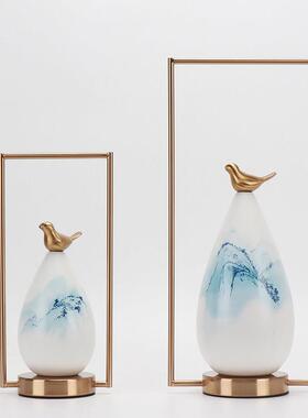 新中式现代创意铁艺禅意小鸟陶瓷摆饰客厅艺术品玄关电视柜装饰品