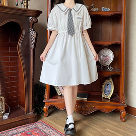 日系海军领刺绣连衣裙少女减龄学院风收腰抽绳泡泡袖甜美裙子