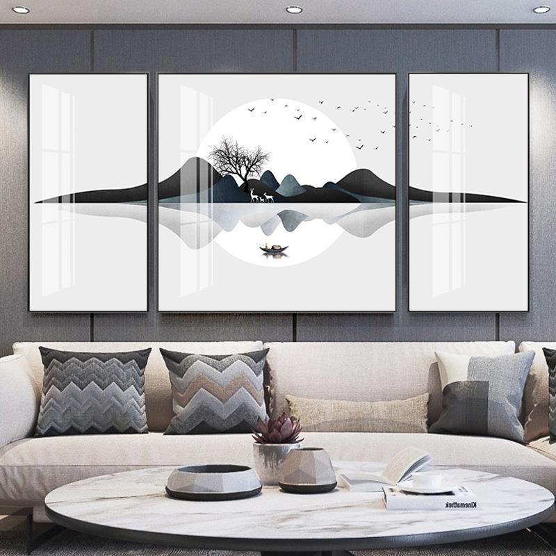 大气客厅装饰画现代简约沙发背景挂画山水轻奢墙画水墨山河三联画