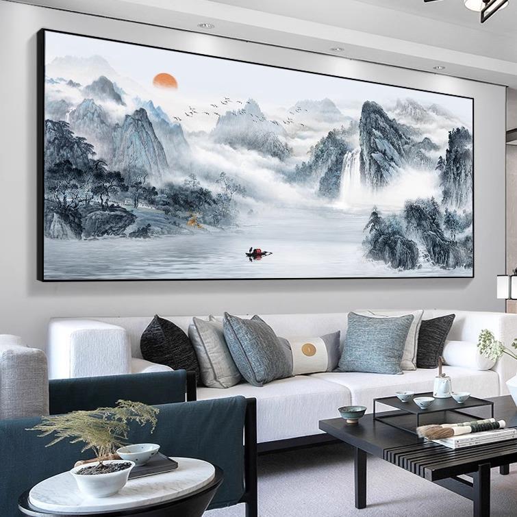 流水生财风景画客厅沙发背景墙装饰画办公室挂画字画山水画靠山图