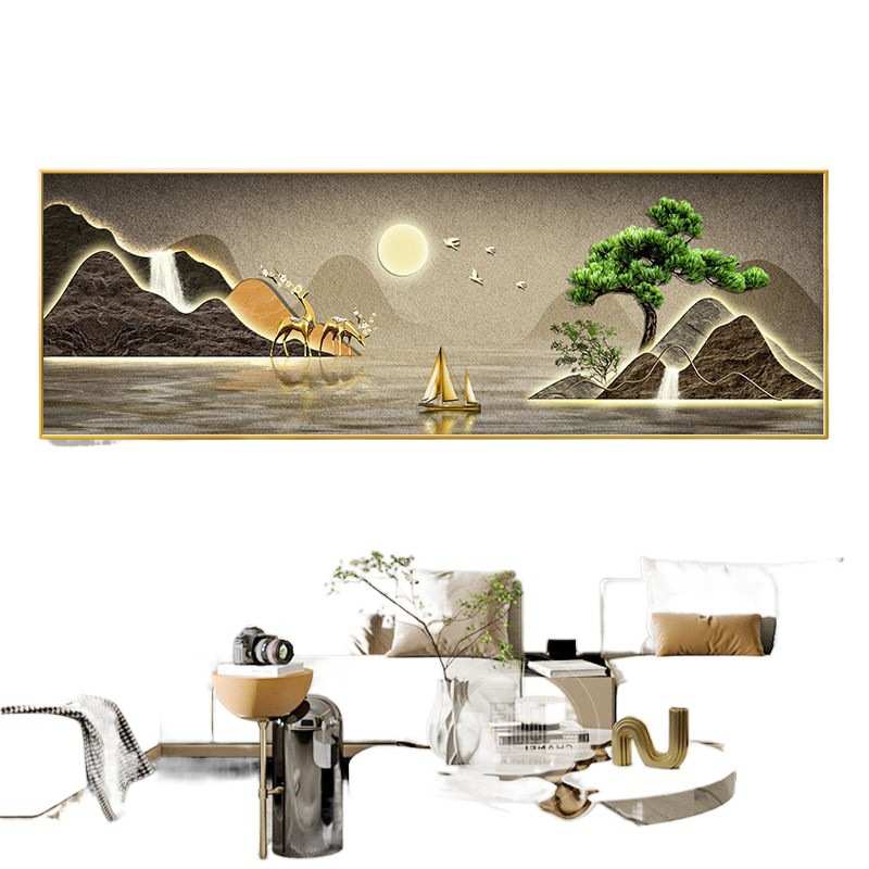 hot流水生采客厅装饰画新中式沙发背景墙挂画迎客松禅意茶室山水