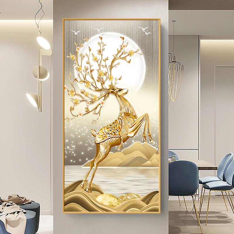 生财有鹿入户玄关装饰画轻奢风客厅走廊挂画麋鹿正对门过道壁画