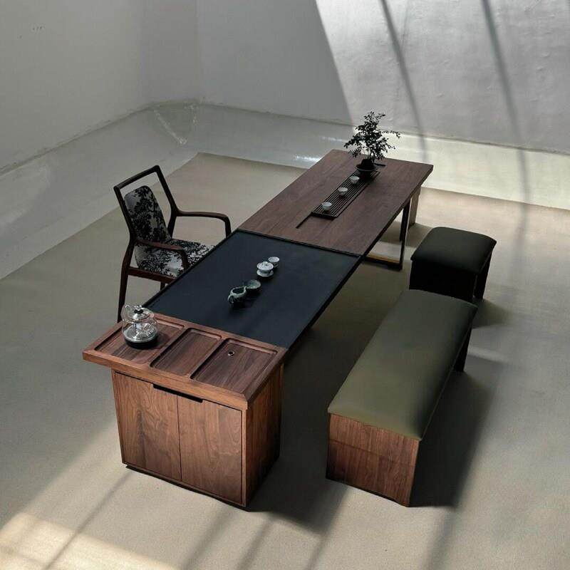 新中式北美黑胡桃木岛台茶桌 宋式美学办公室实木功夫泡茶台家具
