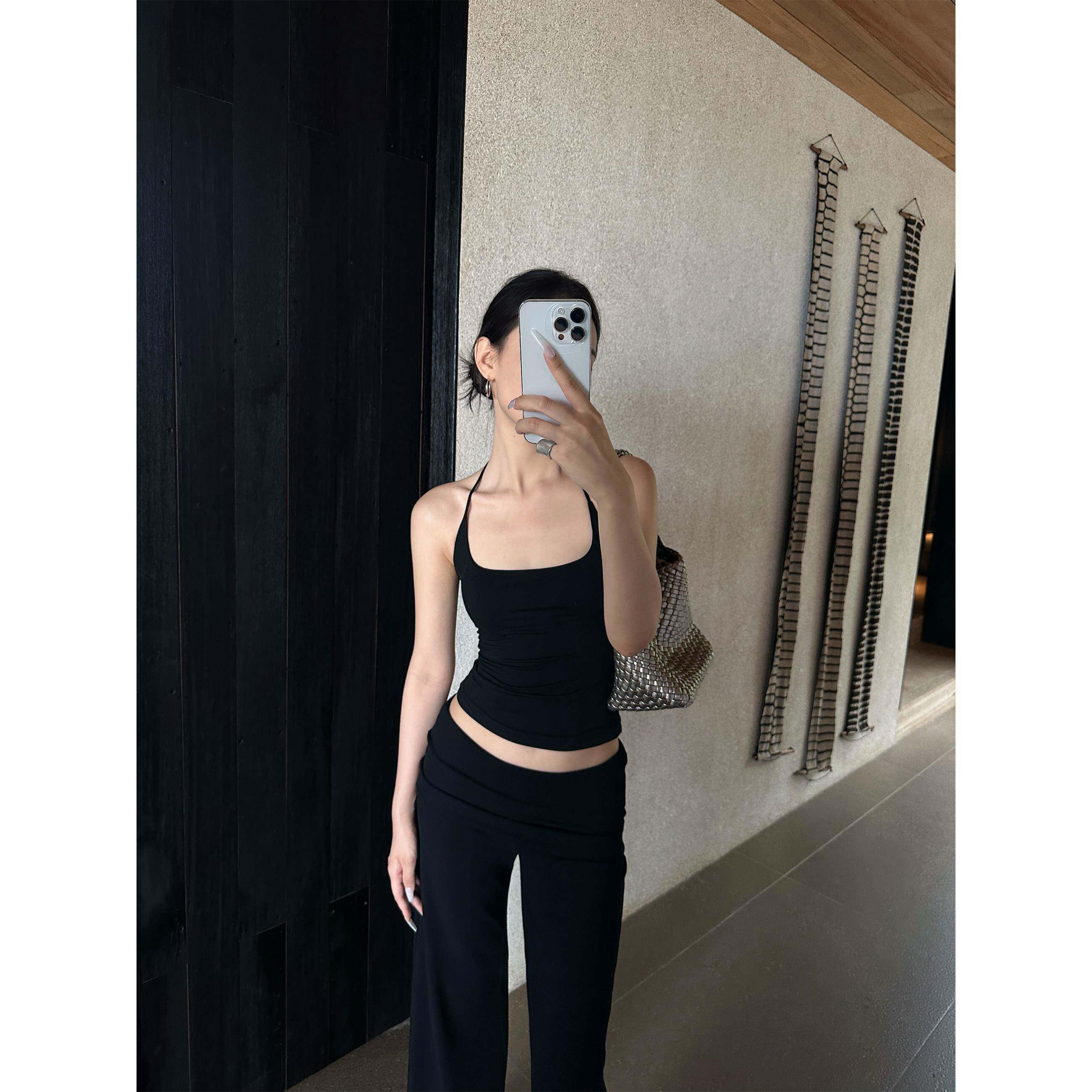 5werkwen wan能百搭 修身显瘦挂脖露背吊带背心夏季纯色辣妹上衣