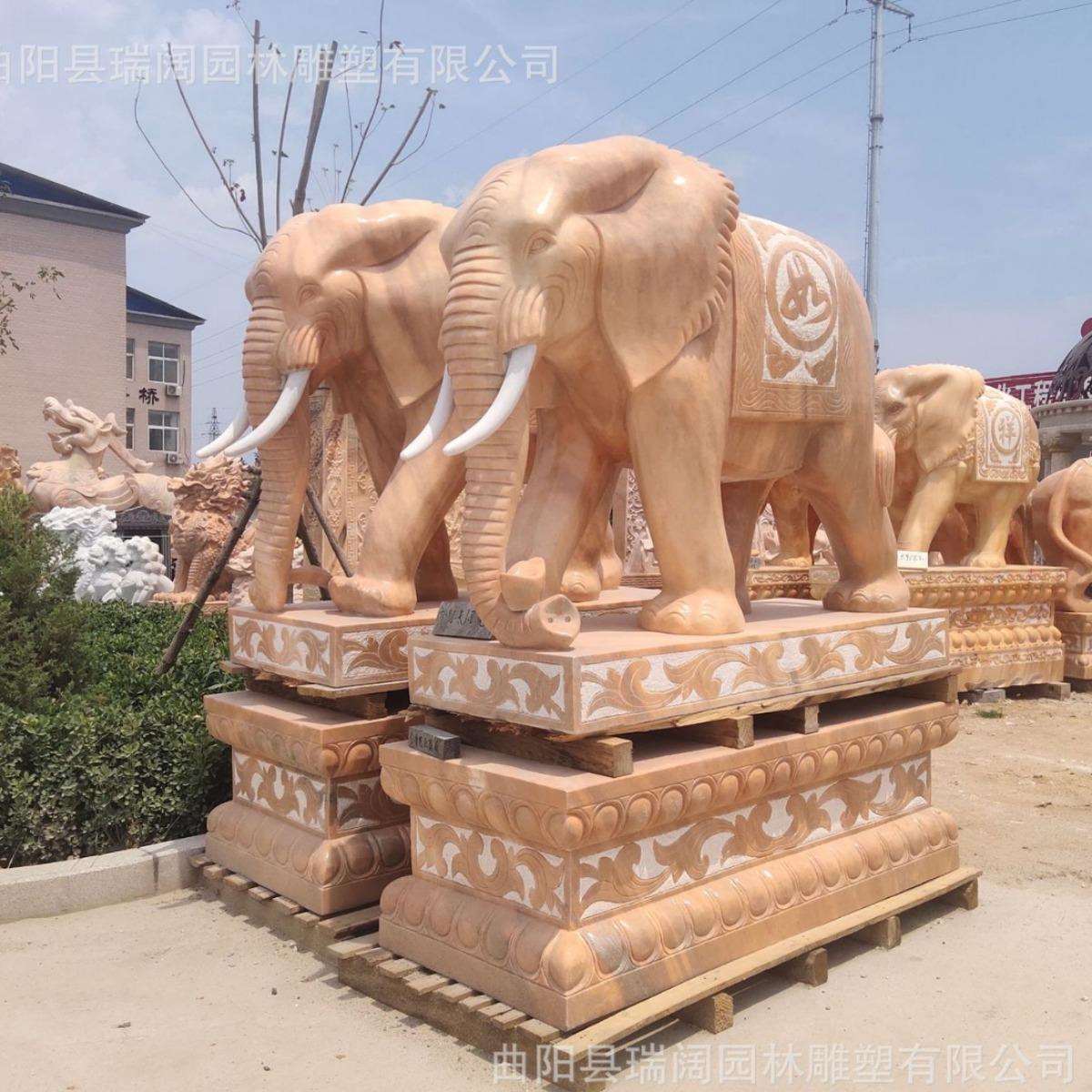 石雕大象一对汉白玉芝麻白大象吉祥如意庭院门口晚霞红摆件