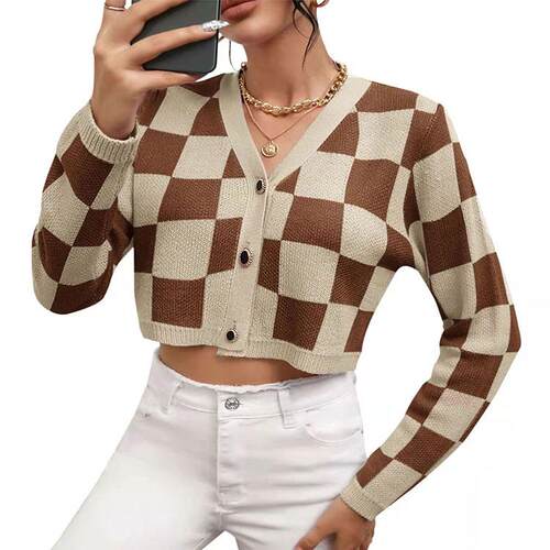 Checkered cardigan women's collar long sleeved short