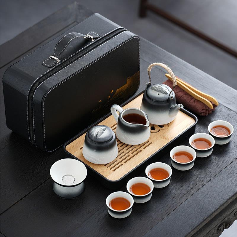 车载旅行茶具套装家用简约泡茶壶陶瓷茶杯户外露营茶盘便携式套装