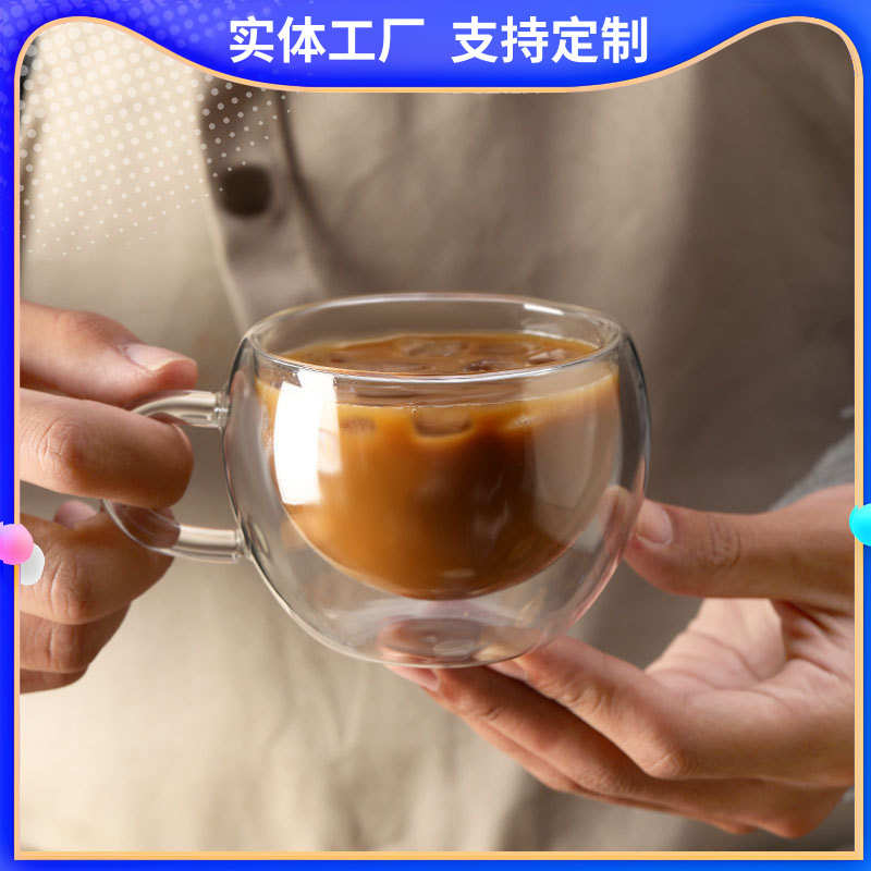 杯高办公室蛋杯硼水杯果汁双层玻璃形带透明硅把手牛奶咖啡马克