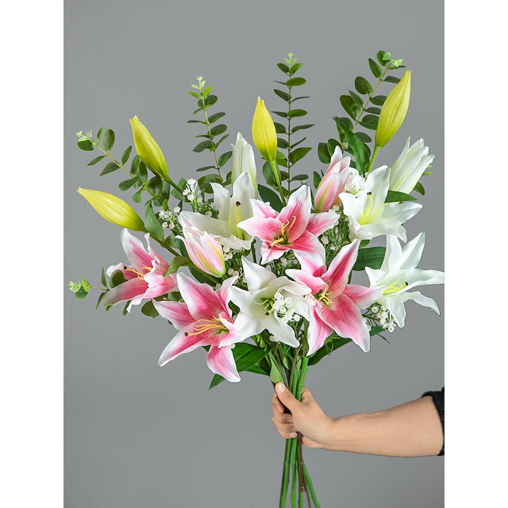 百合人造花餐桌客厅装饰塑料人造花装饰高档丝绸花束装饰花瓶插花