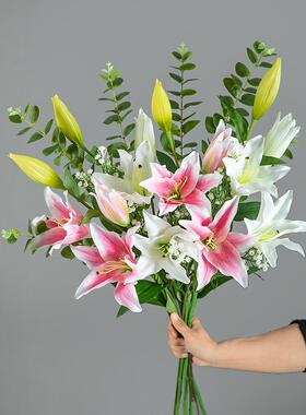 百合人造花餐桌客厅装饰塑料人造花装饰高档丝绸花束装饰花瓶插花